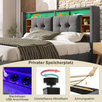 Cama tapizada Cabecero de Cama Doble with Almacén Marco de Cama with USB de carga e iluminación LED Somier de lámparas de Madera, 160*200CM Gris (with colchón) - details 9