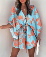 Vestido Casual De Verano Para Mujer Con Estampado Y Volante Estilo Playa Cuello En V Manga Batwing A-Line Largo Mini - details 15