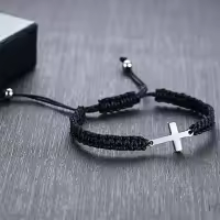 Pareja De Pulseras Cruzadas De Acero Inoxidable Ajustable En Blanco Y Negro Regalos Para Parejas Pulseras Tejidas De Algodón - details 4