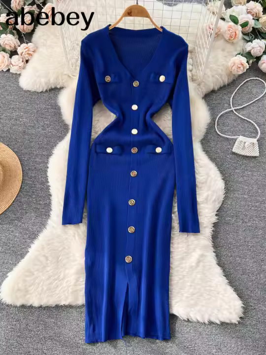 Vestido Midi De Punto Para Mujer Estilo Americano Solado V Neck Cintura Delgada Invierno 2024 Diseño De Abrasado Casual - 1