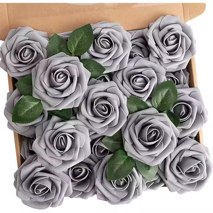 Flores artificiales rosas, 25 piezas de flores decorativas rosas falsas con tallos, ramos de boda hechos a mano, decoración nupcial para el hogar, color gris - 1