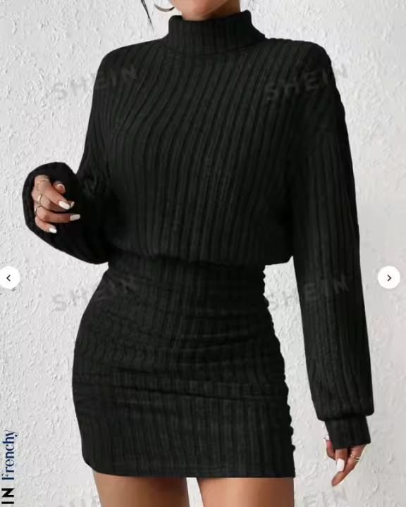 Vestido De Suéter Tejido De Cuello Alto Para Mujer Otoño Invierno Moda Casual Largo Manga Larga Suéter Grueso Vestido Medio Talla Grande - 1