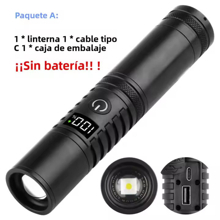 Linterna Táctica De Aluminio Con Luz LED Alta Potencia Y Recarga Tipo-C Zoomable Resistente Al Agua Para Exteriores Y Deportes - 1