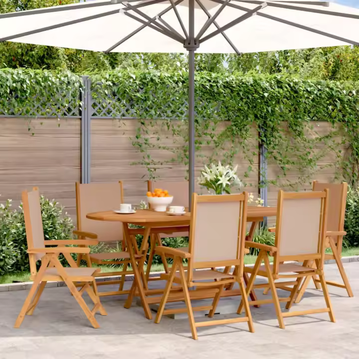 vidaXL Sillas de jardín reclinables 6 uds madera maciza y tela taupe - 1