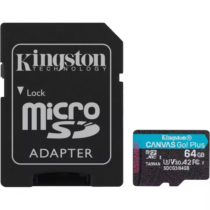 Kingston Canvas Go! Plus Micro SDXC SD MicroSDXC 170R A2 U3 V30 Tarjeta de Memoria 64GB / 128GB / 256GB / 512GB SDXC, Clase 30, A2, 170 MB/s, con ADP Adaptador - Ideal para Cámaras de Acción, Drones y Dispositivos Android, Compatible con DJI Osmo Pocket 3 - 1