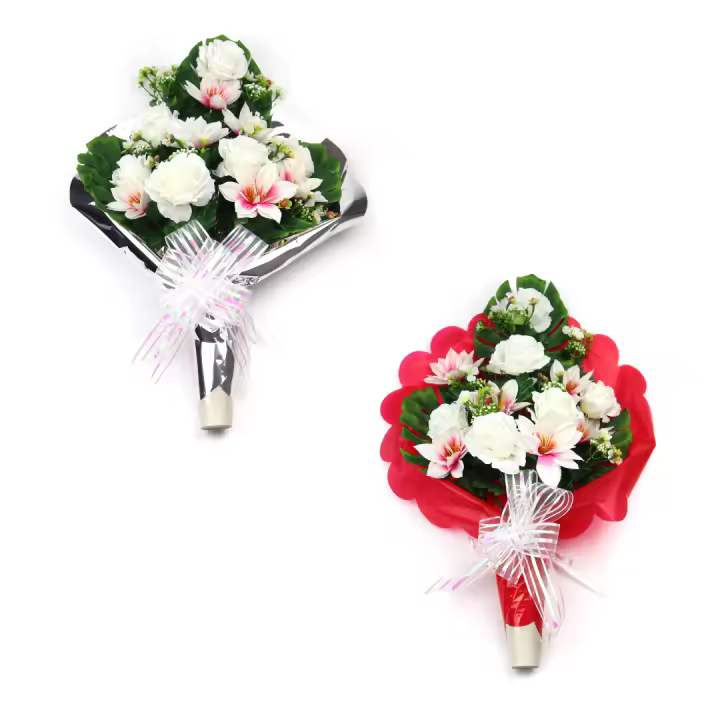 Ramo de Flores Artificiales de Tela para Cementerio arcoirsl - Composición de Rosa Dalia Blanca - Medidas 65 X 45 cm aprox - Ideal para Todos los Santos - Resistente a Intemperie y Duradero - Disponible con Envoltorio en Varios Colores - 1