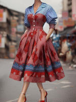 Vestido Vintage Para Mujer Con Estampado Floral Y Rayas Bolsillos Cuello Enrollado Manga Puff A-Line Elegante Midi Botones Polyester - details 1