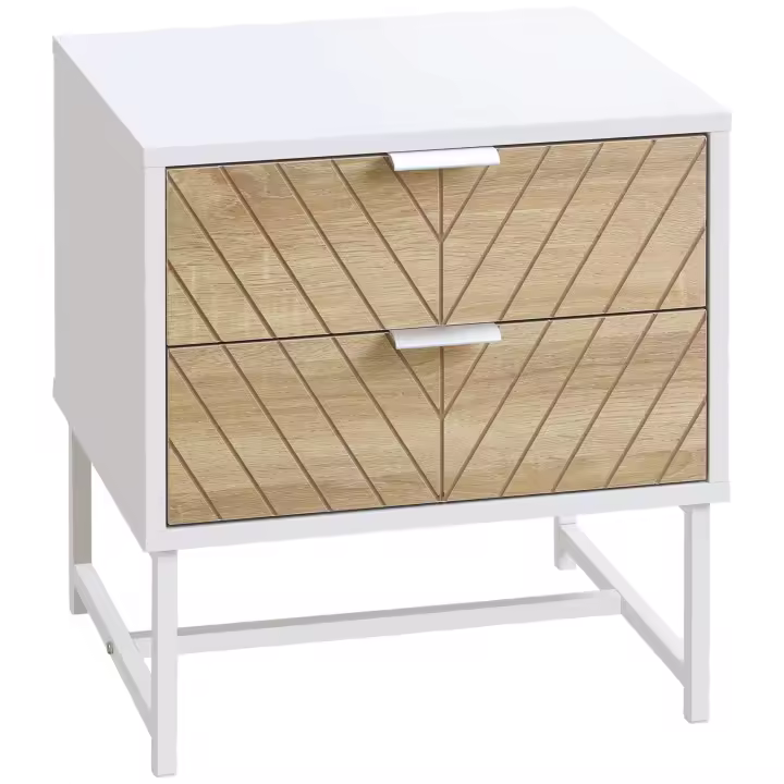 HOMCOM Mesilla de Noche con 2 Cajones Mesita de Noche con Patas de Acero Gabinete de Noche para Salón Dormitorio Cama 45x39x48 cm Blanco y Roble - 1