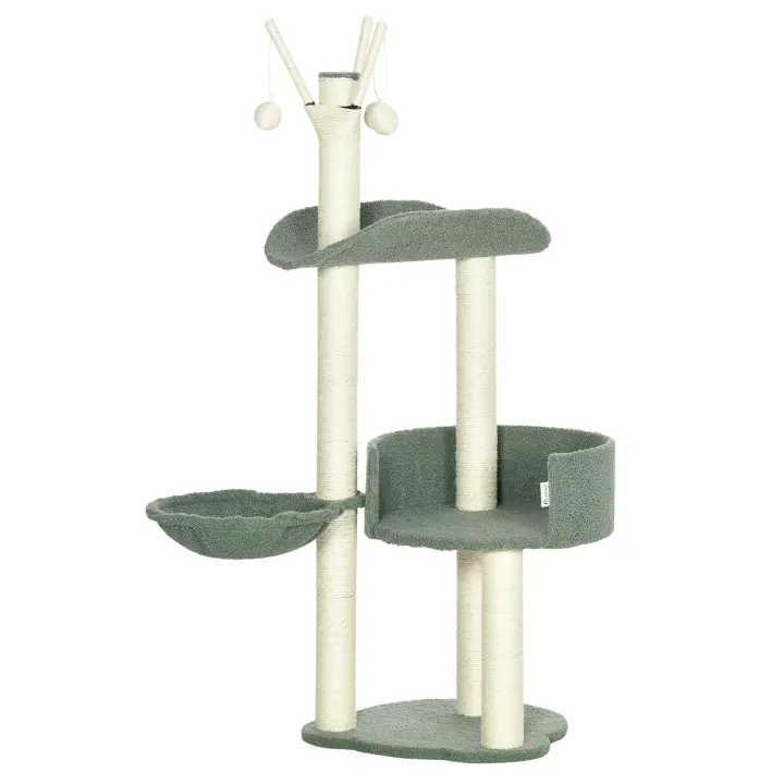 PawHut Árbol Rascador para Gatos Torre para Gatos Altura 123 cm con Hamaca Camas Postes de Sisal y Bolas de Juego 44x43x123 cm Verde y Crema - 1