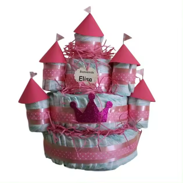 Tarta de pañales Castillo rosa Dodot Sensitive 120 pañales. La Cestita del Bebé. - 1