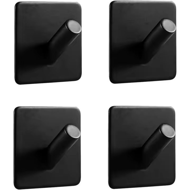 Self Adhesive Hooks Stainless Steel Wall Mount Hanging Hooks, Modern Coat Towel Key Hook for Bathroom Kitchen Bedroom Office, Matte Black Hook, 4 Pack - 1