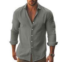 Camisa informal de manga larga de color liso para hombre, camisa playera de algodón con solapa y botones, de manga larga - details 21