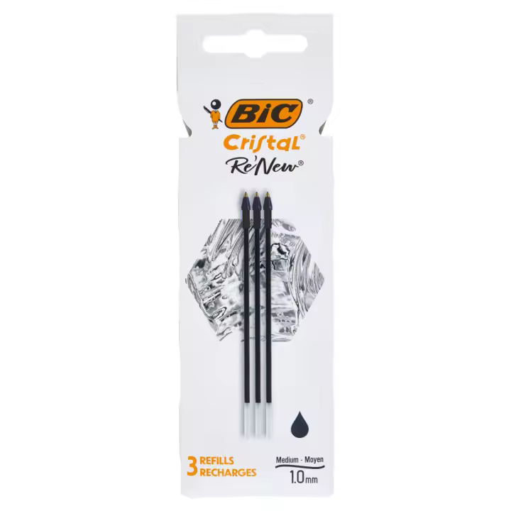 BIC Cristal Re'New Recargas de Bolígrafo de Punta Media (1,0 mm) - Negro, Pack de 3 - 1