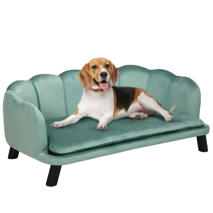 PawHut Sofá para Perros Medianos Sofá Cama para Mascotas Gatos Tapizado en Terciopelo con Patas de Madera Carga 25 kg 98,5x60,5x35,5 cm Verde - 1