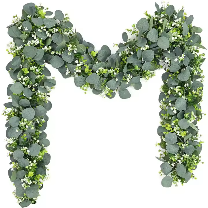Guirnalda De Hojas De Eucalipto Artificiales Con Flores Blancas 1Pc Decoración Para Bodas Y Hogar Verdeo Realista Para Decoración De Paredes Y Habitaciones - 1
