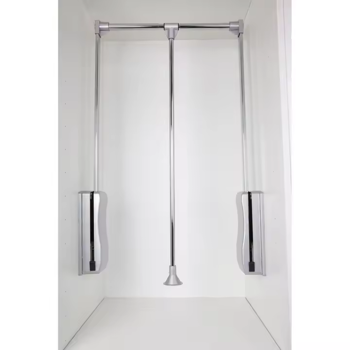 AZERODESIGN - PERCHERO ELEVABLE ABATIBLE para armarios, barra armario abatible con tirador central, peso máximo de 15kg anchura regulable, color gris, acabado cromo - 1