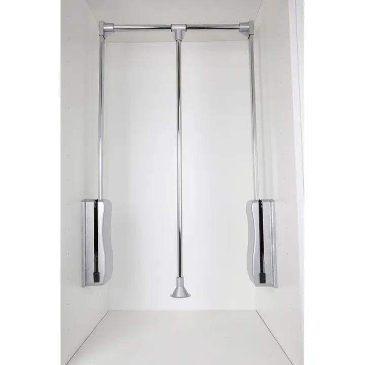 AZERODESIGN - PERCHERO ELEVABLE ABATIBLE para armarios, barra armario abatible con tirador central, peso máximo de 15kg anchura regulable, color gris, acabado cromo - 1