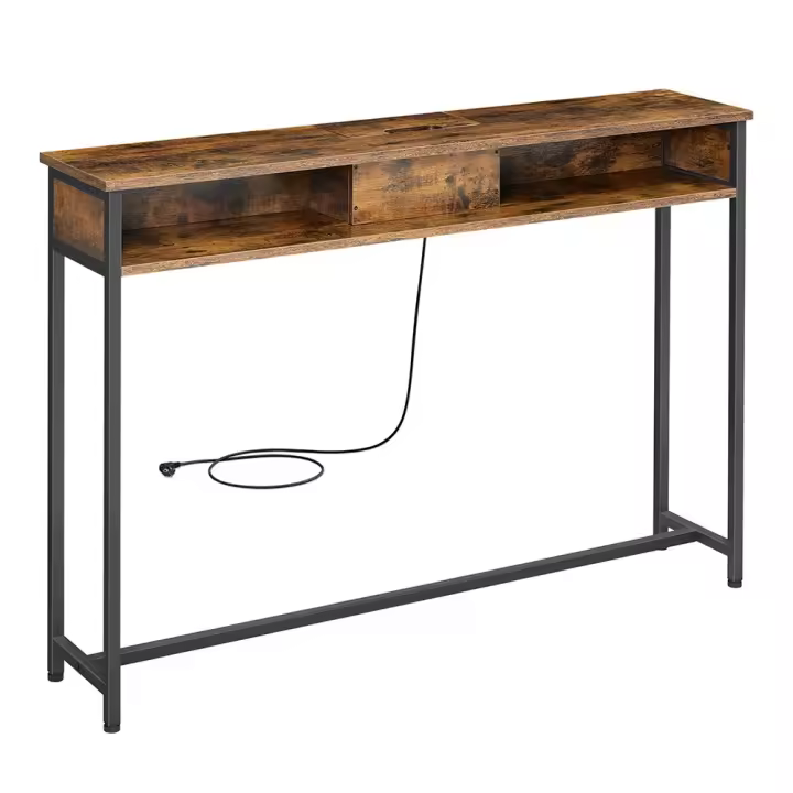 Mesa de consola delgada con multienchufe integrado, sofá con 2 compartimentos y carga oculta, ahorro de espacio, disponible en gris ahumado, blanco nube y marrón rústico, 25x120x81,1 cm - 1