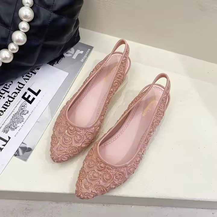 Sandalias De PVC Para Mujer Con Flores Y Cinturón Estilizado Zapatos Casuales De Verano Punta Puntiaguda Comodidad Sin Tacones - 1