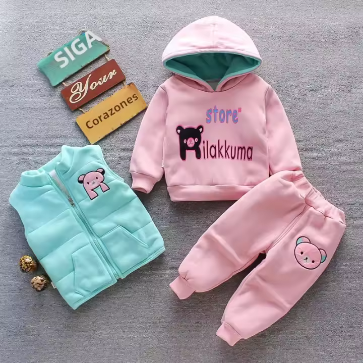 Conjunto De Ropa Para Bebe Invierno Con Chaqueta De Peluche Gruesa Vestido De Oso De Dibujos Animados Pantalones Y Chaleco 3Pcs Ropa Deportiva De Algodón Para Niñas Y Niños Caliente - 1