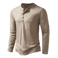 Camiseta De Algodón Para Hombre Con Botones Manga Larga Estilo Henley Color Sólido Transpirable Moda Versátil Slim Fit Casual - details 11