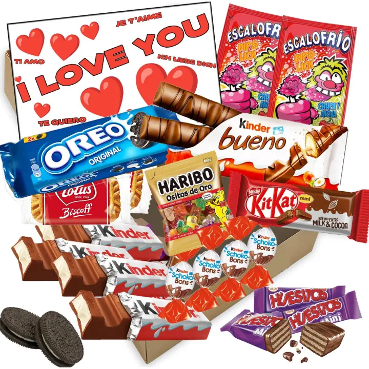 Cajita Regalo San Valentín I Love You con 20 Chocolates Kinder Bueno, Galletas Oreo, Kinder Schoko Bons, Ositos Haribo, Kit Kat, Huesitos, Galleta Lotus Biscoff y Mucho Más. Incluye Tarjeta I Love You. Creada por WikiMark - 1