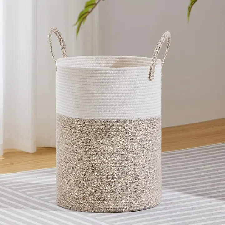 Cesta De Ropa Grande Tela De Hilo Tejida Almacenamiento Para Sala De Estar Baño Dormitorio Juguetes Y Mantas Material De Algodón Y Bambú - 1