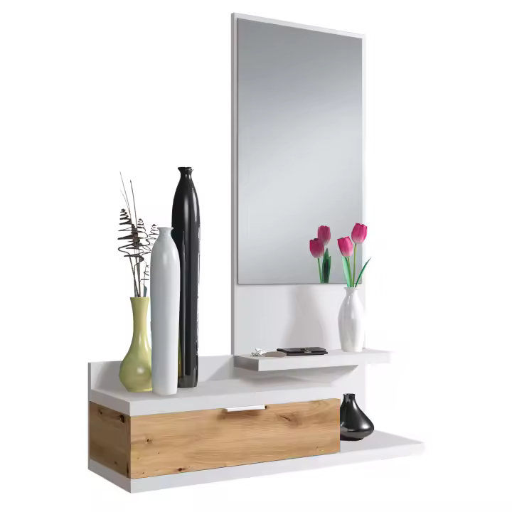 Miroytengo Recibidor Dalhia 1 espejo 1 cajón entrada color blanco Artik y roble Nodi estilo moderno mueble 116x81x29 cm - 1