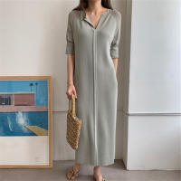 Vestido Largo De Verano Para Mujer REALEFT Estilo Coreano Casual Suelto Con Cuello En V Manga Larga Color Sólido Vestido Midi - details 0