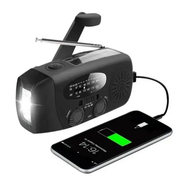 Radio de manivela Negra con Celda solar, Batería interna y externa de 2000 mAh. Radio de Emergencia (apta para uso en exteriores, Cortes de Energía de Emergencia) - 1