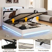 Cama tapizada 140x200 cm en terciopelo blanco crema con canapé abatible, LED RGB, cabecero con almacenaje, USB y USB-C - details 1