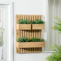 Outsunny Jardinera de Pared con Enrejado Jardinera Vertical de Madera con 3 Macetas Móviles y Orificio de Drenaje para Jardín Terraza Patio 60x16x80 cm Natural - details 1