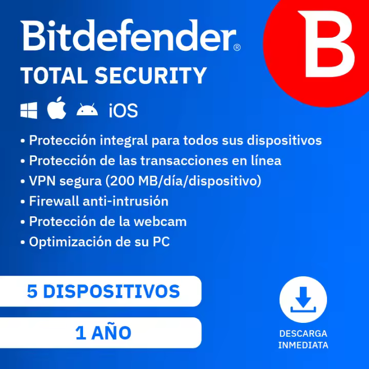 Bitdefender Total Security (5 dispositivos - 1 año - PC/Mac/Móvil - Formato Digital) - 1