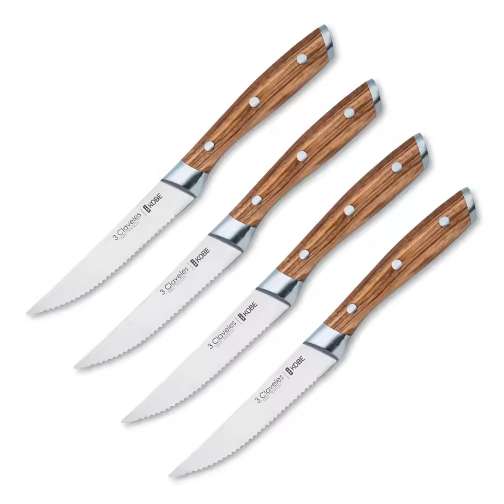 3 Claveles Kobe - Set de 4 Cuchillos Chuleteros Dentados 11.5 cm en Acero Inoxidable - 1