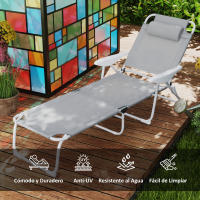 Outsunny Tumbona Plegable Tumbona Jardín Exterior con Respaldo Ajustable Reposacabezas Extraíble y Estructura de Metal Carga 120 kg para Terraza Piscina Playa 160x66x98 cm Gris - details 3