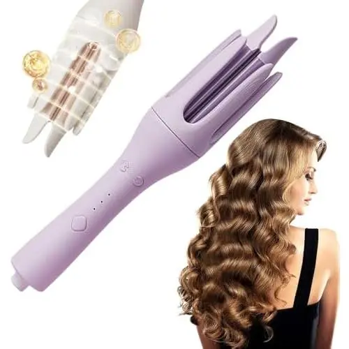 Rizador de pelo giratorio automático para mujeres y niñas, rizador de pelo automático, varita para peinar el cabello, apagado automático, regalo de San Valentín para esposas, mamás y novias (morado, ordinario) - 1