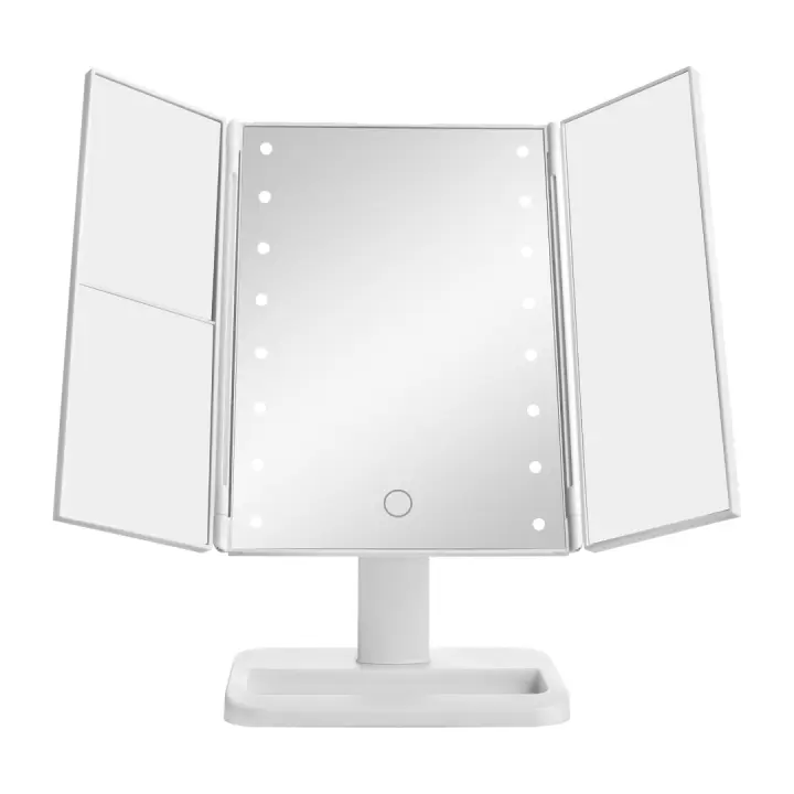 HOGUITA-Espejo de Maquillaje con Luz LED-Espejo Tríptico de 4 Paneles con Aumentos 1x/2x/3x, 16 Luces LED, Rotación de 180°, Espejo de Tocador Plegable y Portátil para Maquillaje Profesional y Cuidado Facial - 1