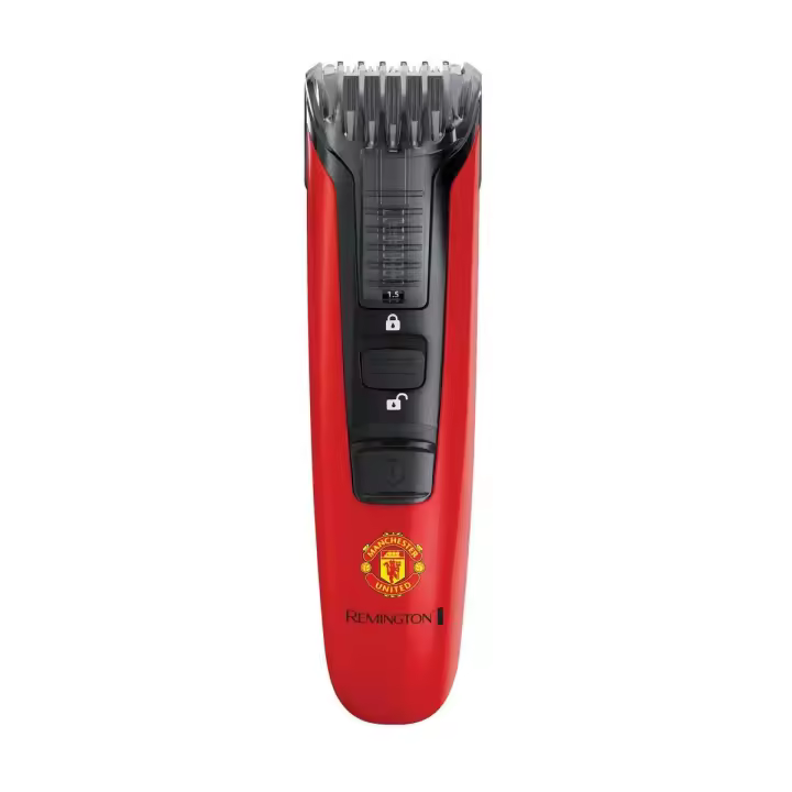 Remington Barbero Beard Boss Edición Manchester United MB4128 - cuchillas serradas, cuchillas acero inoxidable, peine y 11 longitudes, plantilla EDGEstyler, 40 min de duración , sin cable, indicador de carga, y cepillo de limpieza - 1