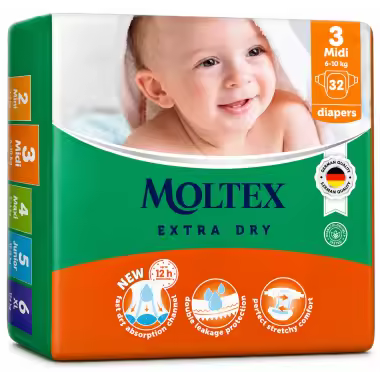 Moltex Extra Dry Talla 3 (4-10 kg) 32 Pañales – Alta Absorción y Protección Diaria Moltex - 1