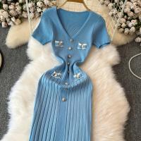 Vestido Largo Elegante Tejido Para Mujer Verano V Cuello Suelto Botones Bodycon Midi Fiestas Oficina Vestidos De Mujer - details 3