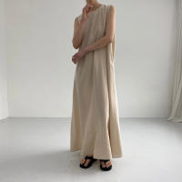 Vestido Maxi De Verano Para Mujer REALEFT 2024 Color Sólido Elegante Con Bolsillos Cintura Suelta Sin Mangas Casual Largo Hasta La Rodilla Material Algodón Y Poliéster - details 10