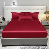 Sábana Sencilla Moderna De Satén En Color Sólido Talla Fitted Cola De Caballo En Rojo Vino Sábana De Cama De Seda Helada Para Dormitorio Conjunto De Ropa De Cama (Excluye Fundas De Almohada) - details 1