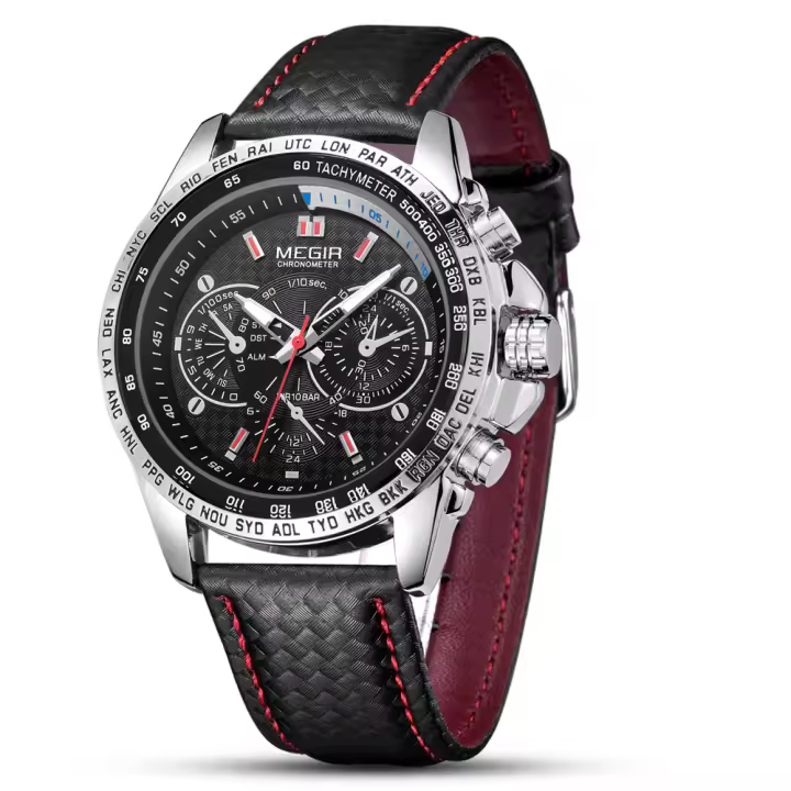 Reloj De Pulsera De Cuarzo Para Hombre MEGIR Moda Resistente Al Agua Con Correa De Cuero Negro Lujo Y Casual Estilosólido - 1