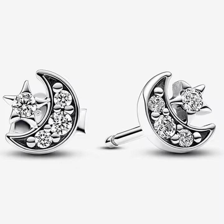 Pandora Pendientes de Botón en Plata de Ley Luna y Estrella Brillante，Incluye Caja Original - 1