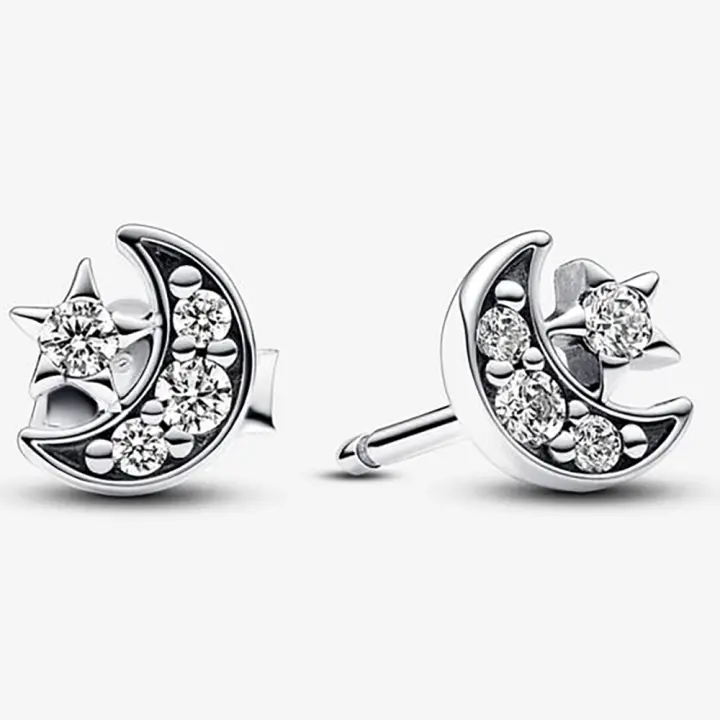 Pandora Pendientes de Botón en Plata de Ley Luna y Estrella Brillante，Incluye Caja Original - 1