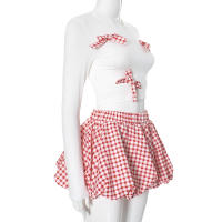 Conjunto De Vestido Y Mini Falda Cutenova 2024 Nueva Colección Con Lazo En La Cintura Y Estampado De Cuadros Para Mujer Joven Estilo Dulce Y Sobrio - details 2