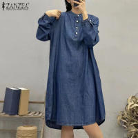 ZANZEA Vestido De Camisa Para Mujer Estilo Vintage Cuello En Pie Botones Manga Larga Casual Longa Suelta Mini Vestido Manga Larga Estilo Vintage Para Otoño Con Bolsillos - details 7