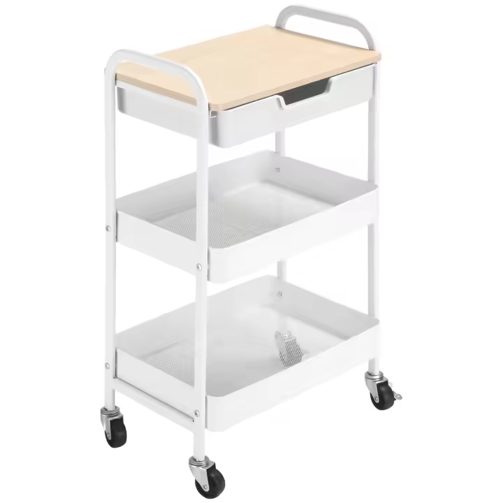 HOMCOM Carrito de Cocina con Ruedas Carro de Almacenamiento con Cajón Extraíble 2 Cestas y Frenos para Baño Salón Dormitorio 43,9x30,5x75,6 cm Blanco - 1
