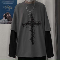 Camiseta De Hombre Con Estampado Cruzado Basic Tee Casual Manga Larga Sobredimensionada Tops Falso Dos Piezas Camisetas Moda - details 1