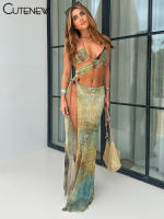 Conjunto De Dos Piezas Aesthetic Impreso Para Mujer Halter Bandage Irregular Camis+High Side Split Maxi Skirt Ropa De Vacaciones Sexy Y Club Sin Mangas De Verano - details 22